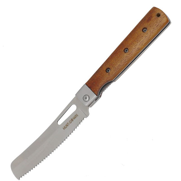 O Hunt-Down | 9″ Serrated Blade Liner Lock Stainless Wood Handle Steel Bolster Folding Knife [14394]