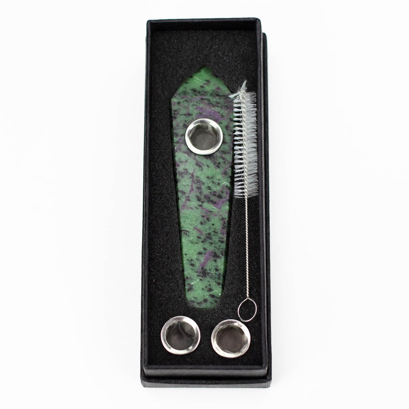 Acid Secs | Ruby Zoisite Crystal Pipe with Choke Quartz · Stone Pipe Acid Secs Productions Inc.