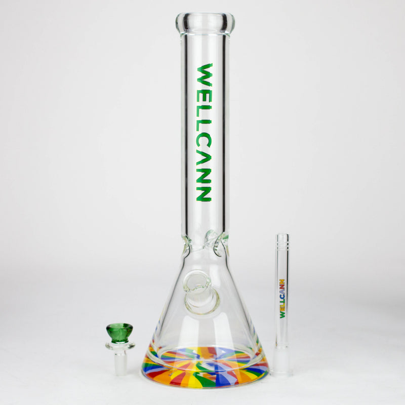 O WellCann | 15" 7mm Beaker Bong with Thick Decal Base - Green Rainbow
