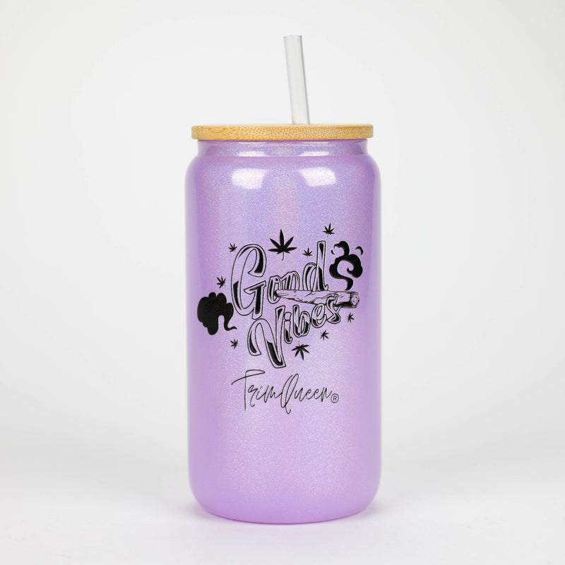 O TRIM QUEEN | GOOD VIBES GLASS TUMBLER WITH LID AND STRAW