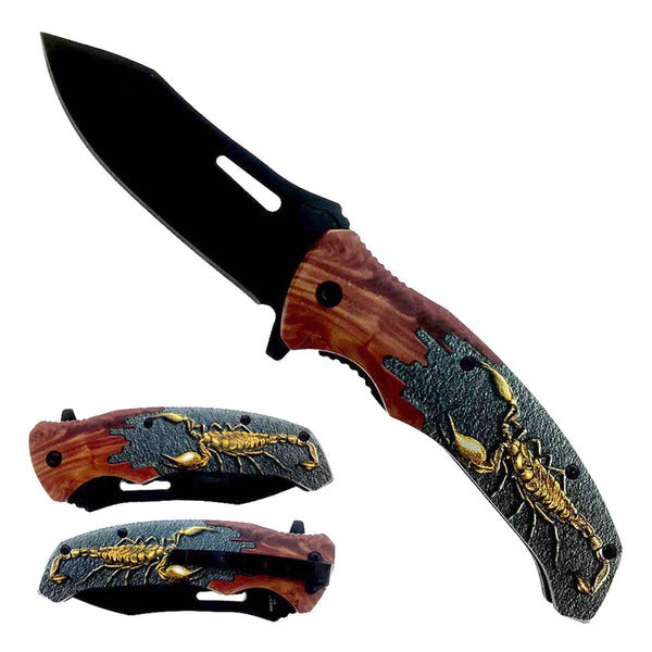 O 8-1/2" Spring Assisted Knife Plastic Wood Handle w Scorpion