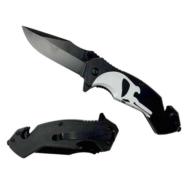 O 8" Black Coated Blade Skull Spring Assisted Knife