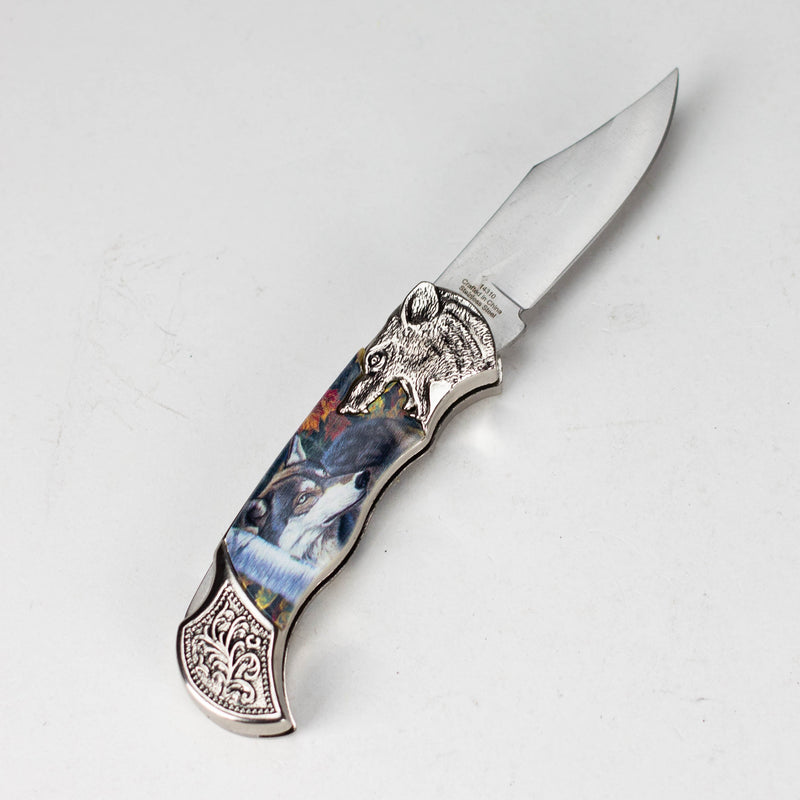 O TheBoneEdge | 7" Wolf Design Pattern Handle Classic Folding Knife [14310]