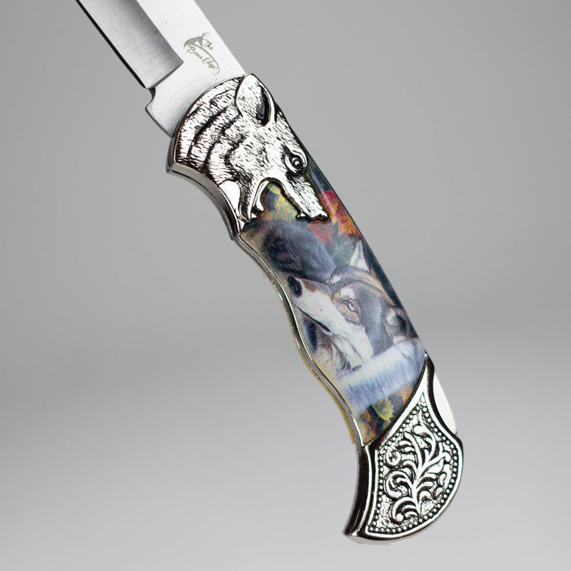 O TheBoneEdge | 7" Wolf Design Pattern Handle Classic Folding Knife [14310]