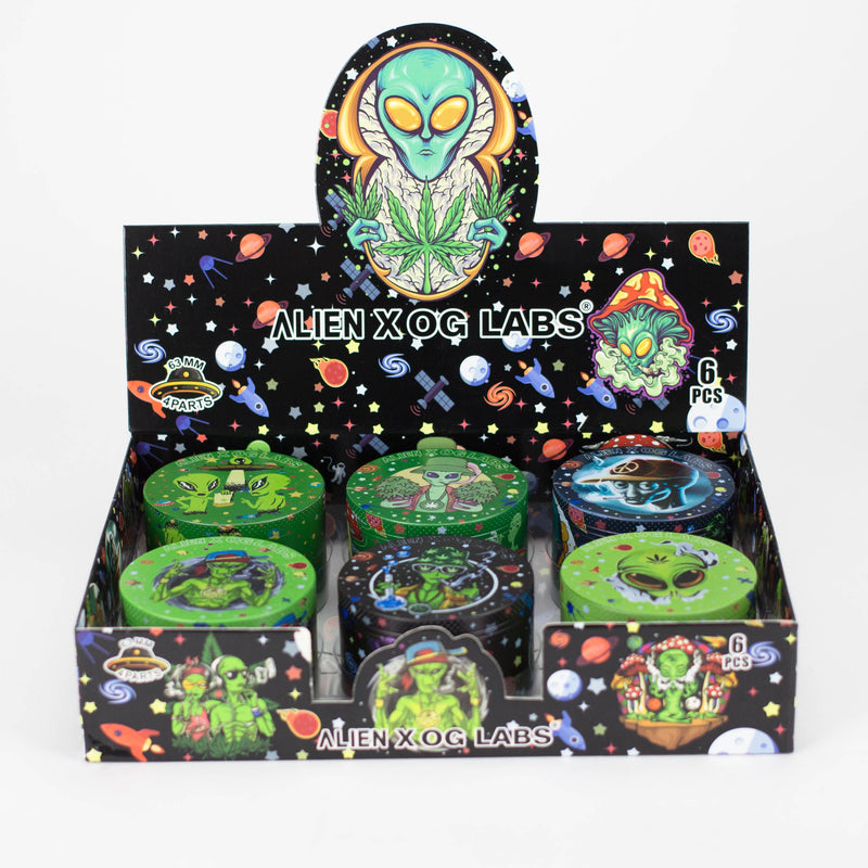 O 4 Layes 63mm Alien assorted Design Metal Grinder Box of 6 [SMKZ-001]