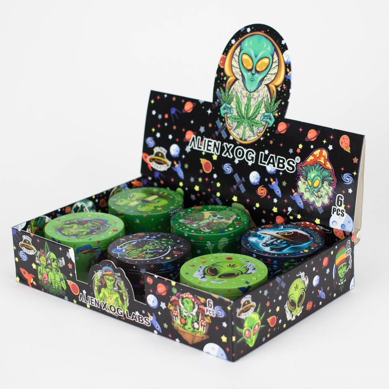 O 4 Layes 63mm Alien assorted Design Metal Grinder Box of 6 [SMKZ-001]