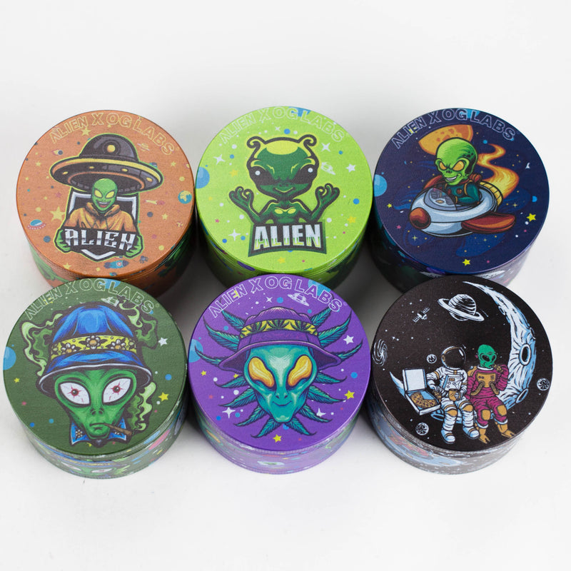 O 4 Layes 63mm Alien assorted Design Metal Grinder Box of 6 [SMKZ-001]