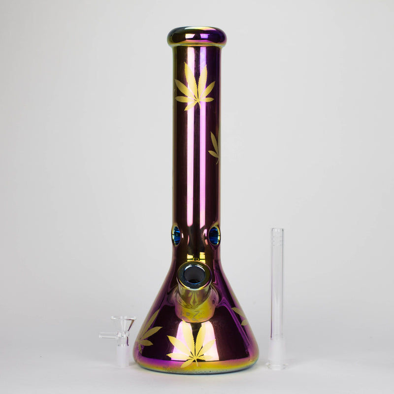 O 14" Leaf 7mm Glass Bong – Rainbow Oil Slick [AK080]