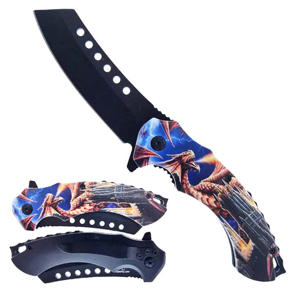 8" Blue & Red Dragon Foldable Pocket Knife_0