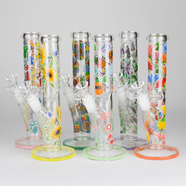 10" Glow in the dark Staight Tube Glass Bong With Flower Design