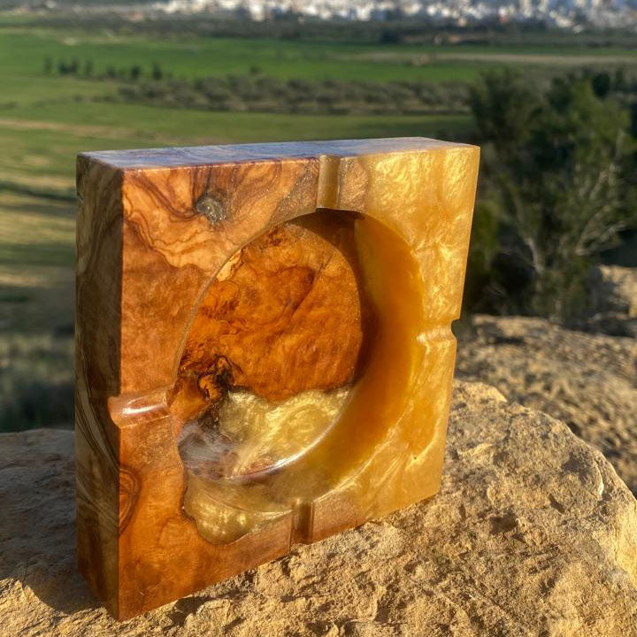 Olive Wood Orange Epoxy Ash Tray – Handcrafted Tunisian Ashtray, Resin & Olive Wood Collector’s Piece Resin Ashtray Variety Olive Wood