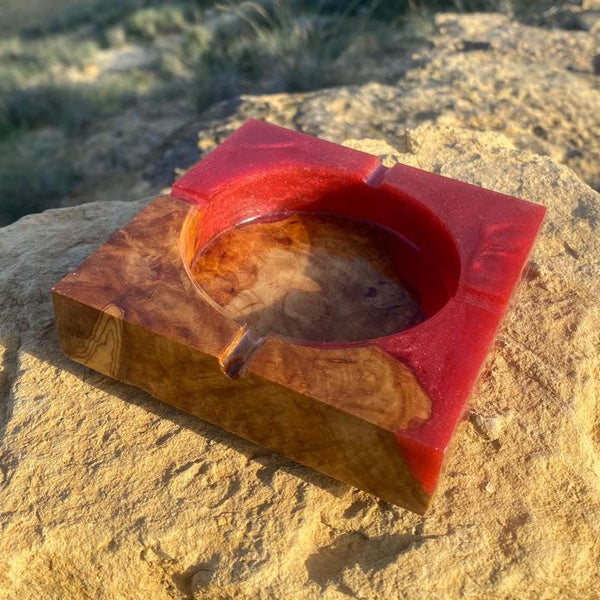 Olive Wood Orange Epoxy Ash Tray – Handcrafted Tunisian Ashtray, Resin & Olive Wood Collector’s Piece Resin Ashtray Variety Olive Wood Red