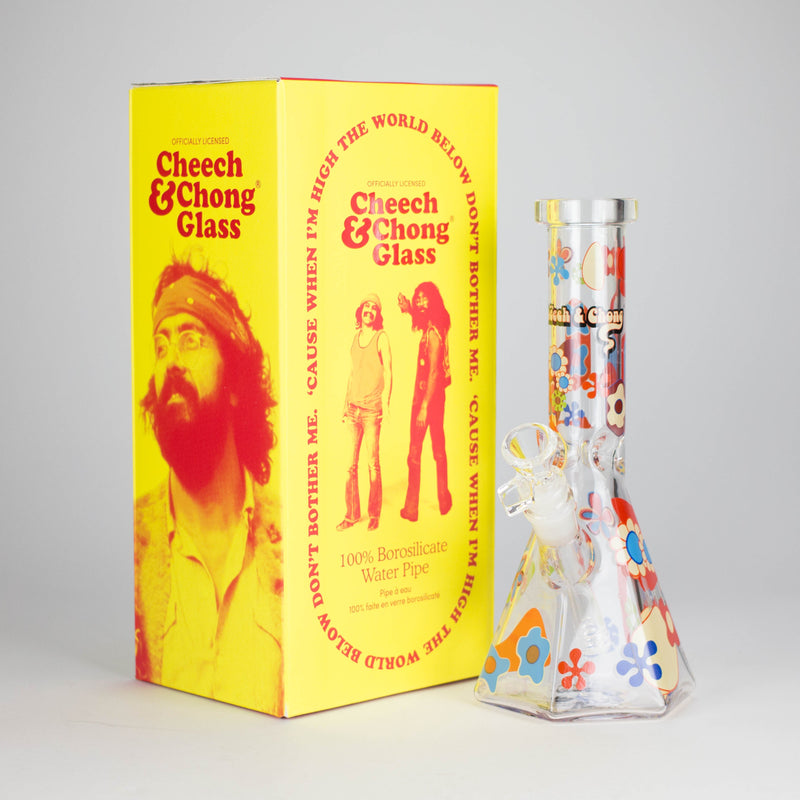 Cheech & Chong® Glass | 10" Tall Clear Power To The Flower Hex Beaker Base Water Pipe Glass Bong West Coast Gifts