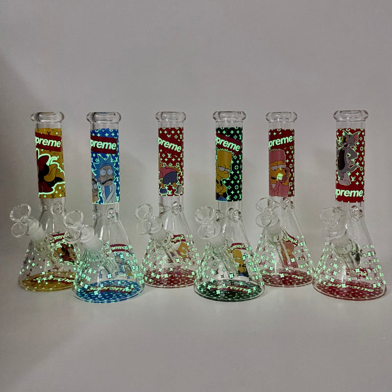 10" Cartoon Glow-in-the-Dark Glass Beaker Bong – 3-Piece Set Glass Bong Super Supplys Inc