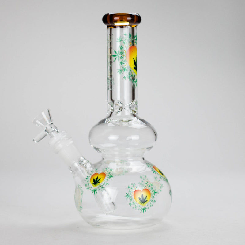 Haze | 9″ Heart Leaf Double Bubble Base Glass Bong with Color Lip – Amber (Mini-U) Glass Bong Canadian Distributor