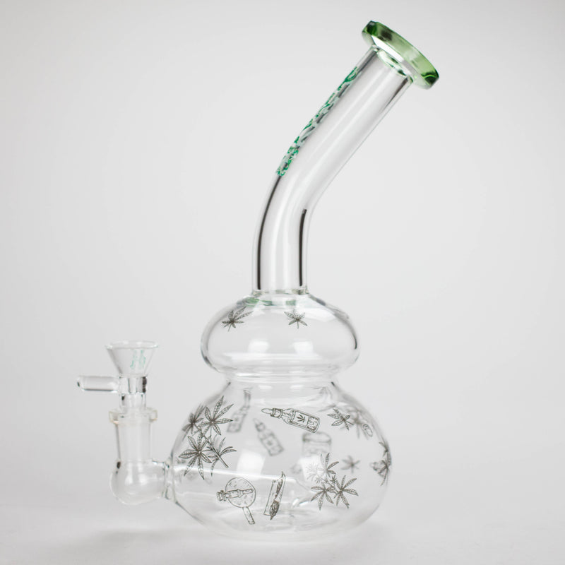 Haze | 9″ Bubble Base Glass Bong – Green Weed Leaf Design (Mini-A) Glass Bong Canadian Distributor
