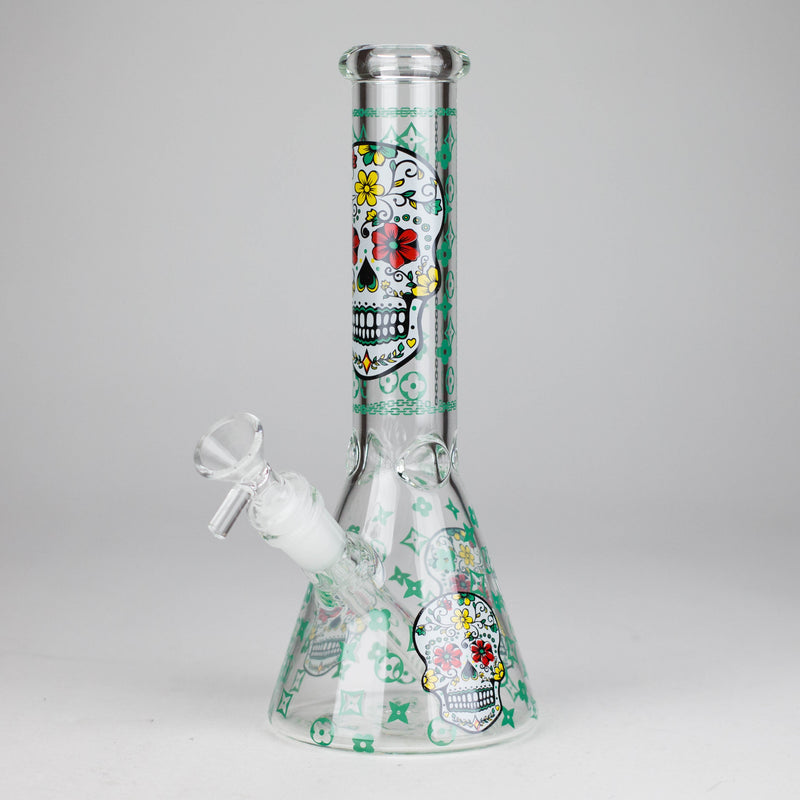 10" Sugar Skull Design Glass Beaker Bong Glass bong 777 Smoke Green