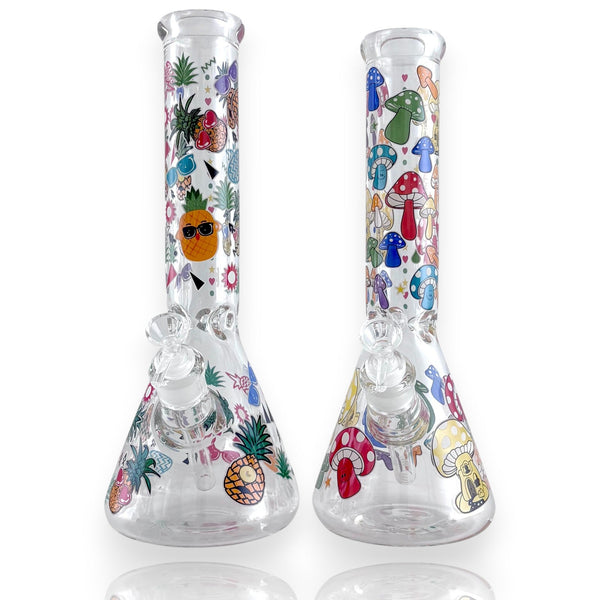 O 14" Glass Beaker Bong – 7mm Thick with Sticker Art Designs