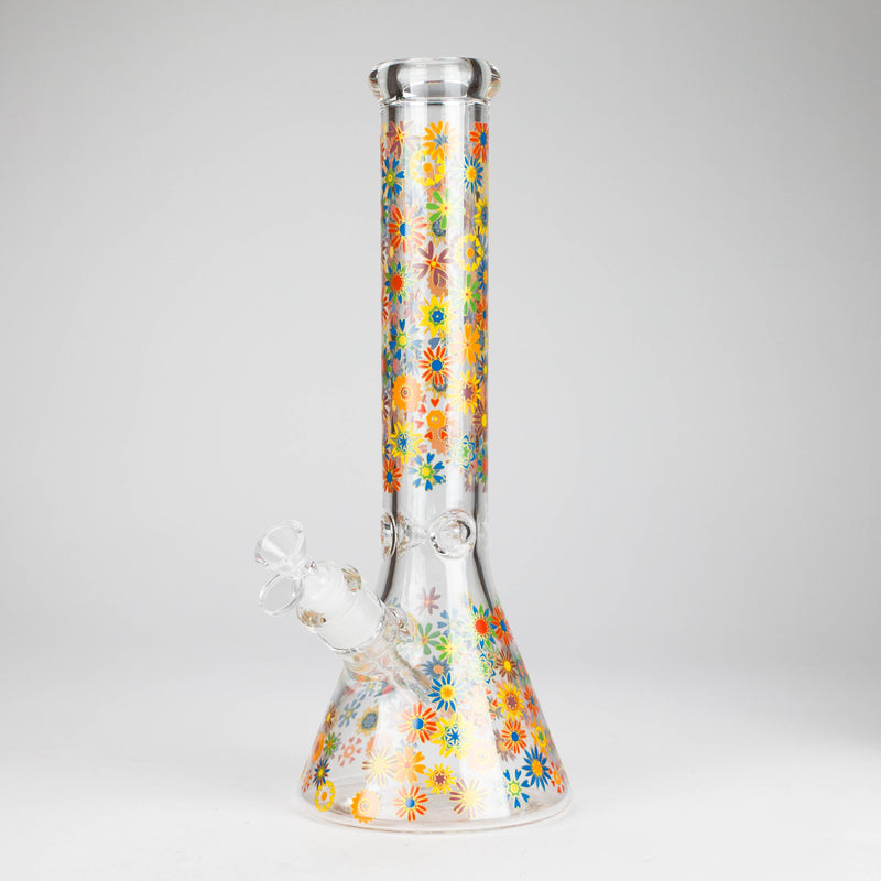 O 14″ 7mm Glass Beaker Bong with Assorted Flower Design & Ice Catcher
