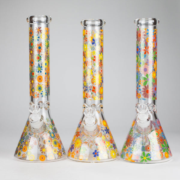 O 14″ 7mm Glass Beaker Bong with Assorted Flower Design & Ice Catcher