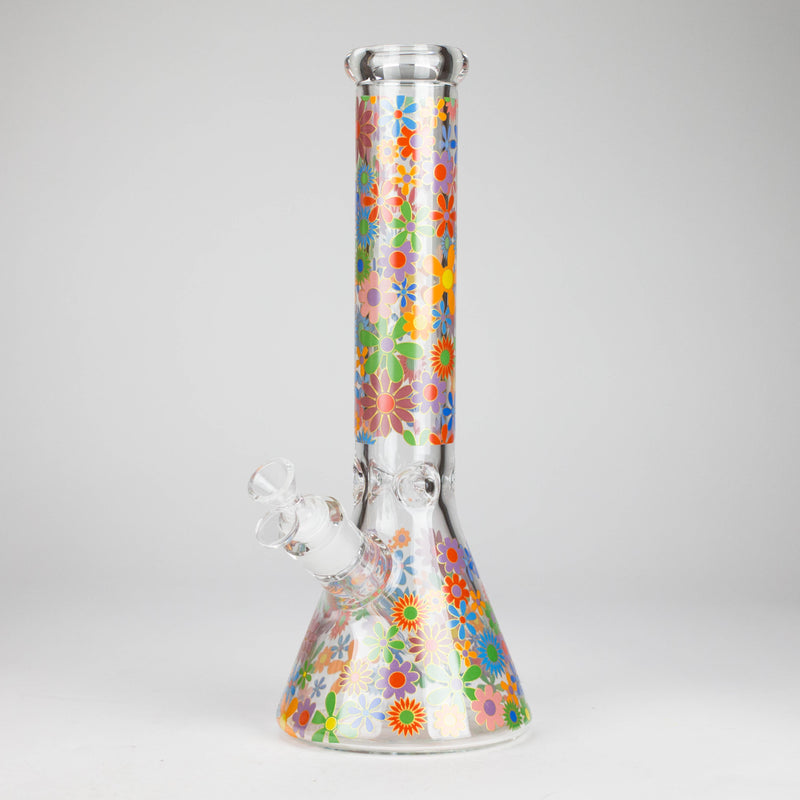 O 14″ 7mm Glass Beaker Bong with Assorted Flower Design & Ice Catcher