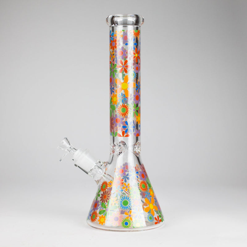 O 14″ 7mm Glass Beaker Bong with Assorted Flower Design & Ice Catcher