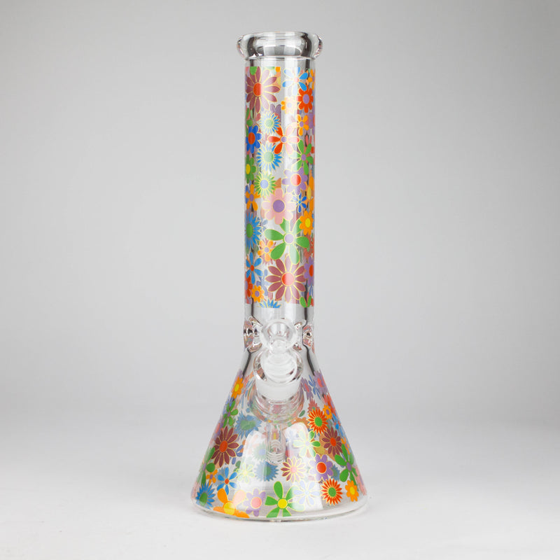 O 14″ 7mm Glass Beaker Bong with Assorted Flower Design & Ice Catcher