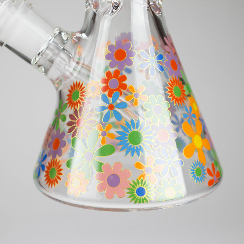 O 14″ 7mm Glass Beaker Bong with Assorted Flower Design & Ice Catcher