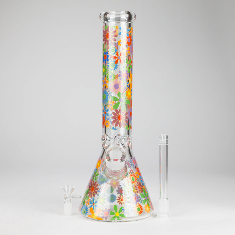 O 14″ 7mm Glass Beaker Bong with Assorted Flower Design & Ice Catcher
