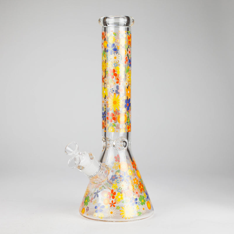 O 14″ 7mm Glass Beaker Bong with Assorted Flower Design & Ice Catcher