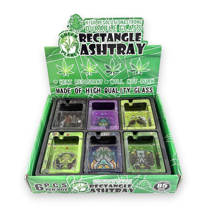 Green Planet Rectangle Glass Ashtrays – 6 Pack Display (85mm) Glass Ashtray Super Supplys Inc