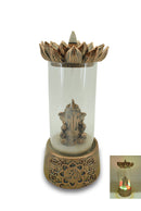 Zenn | Backflow Incense Burner Incense Holder SunGlow Ganesh With Lotus in Glass Stand Led