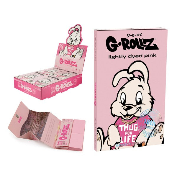 G-Rollz Banksy's Graffiti "Thug for Life" Pink 11/4 Rolling Paper + Tips+Tray - 16ct