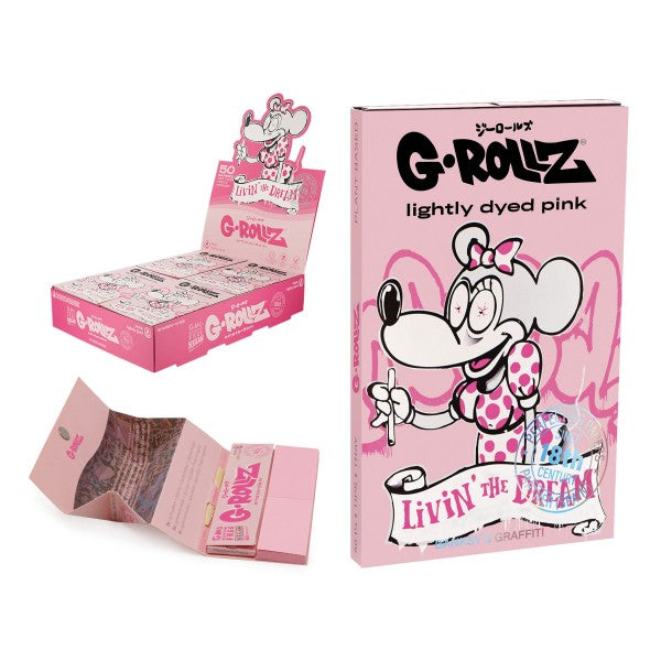 G-Rollz Banksy's Graffiti "Livin' The Dream" Pink 11/4 Rolling Papers + Tips+Tray - 24ct