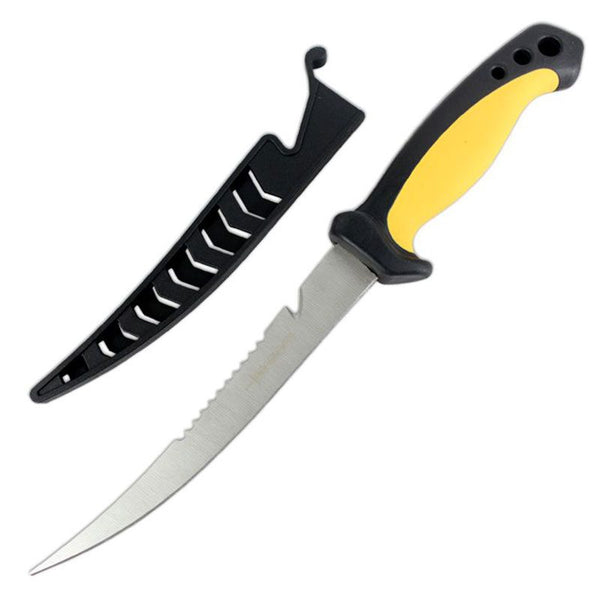O 11.5″ Defender Comfort Yellow Grip Fish Fillet Knife Serrated Edge Blade w/ Sheath [9764B]