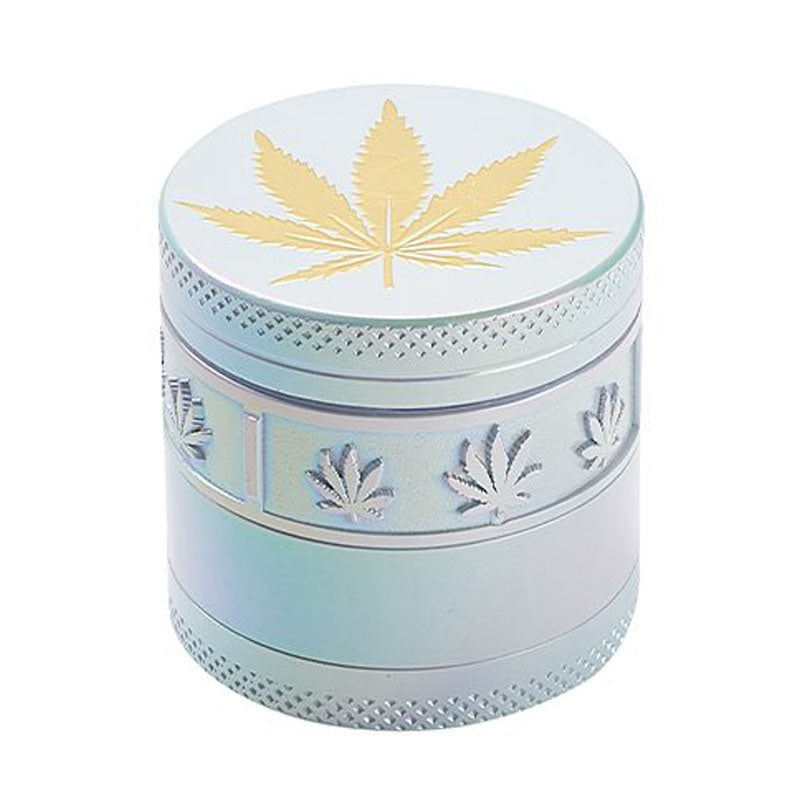 O 4 Parts Zinc grinder, White Rainbow Top Golden Stamp Leaf Design [AM50-4]