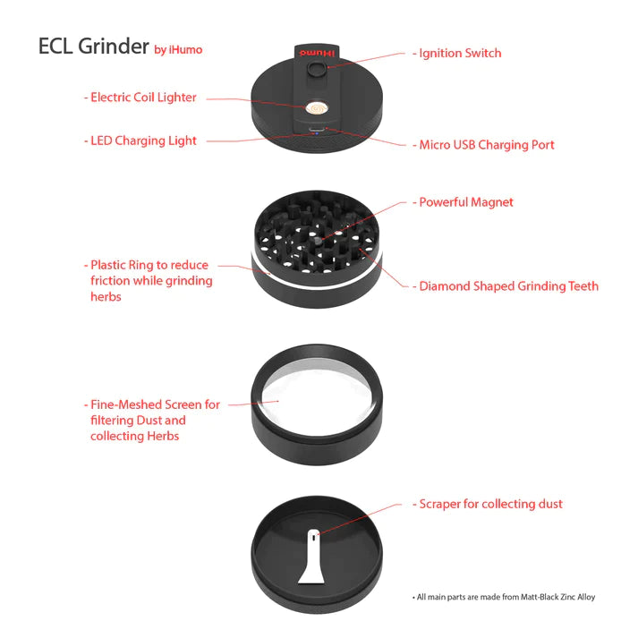 O Innovative 2 in 1 Grinder & USB Lighter, 4 Parts (60mm)O