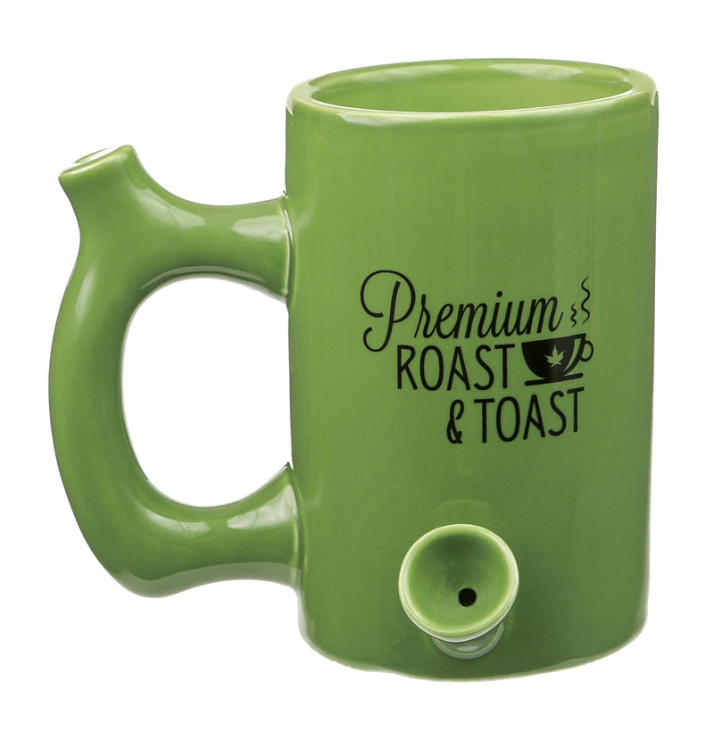 O GREEN ROAST & TOAST PIPE MUG WITH BLACK PRINT