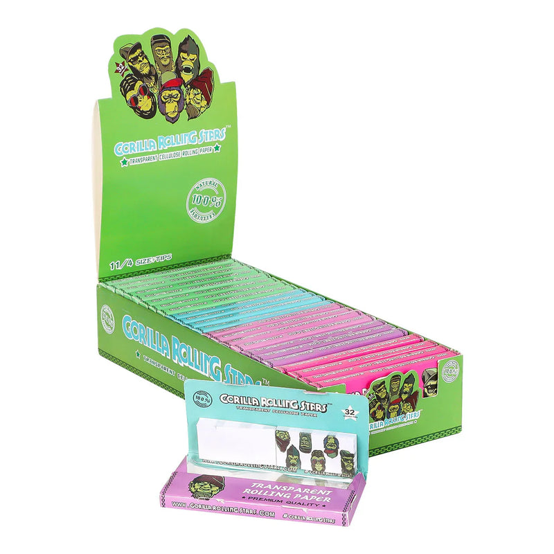 O GORILLA ROLLING STARS 1 1/4 Size Transparent Cellulose Rolling Papers with Rolling Tips [GRS-009]