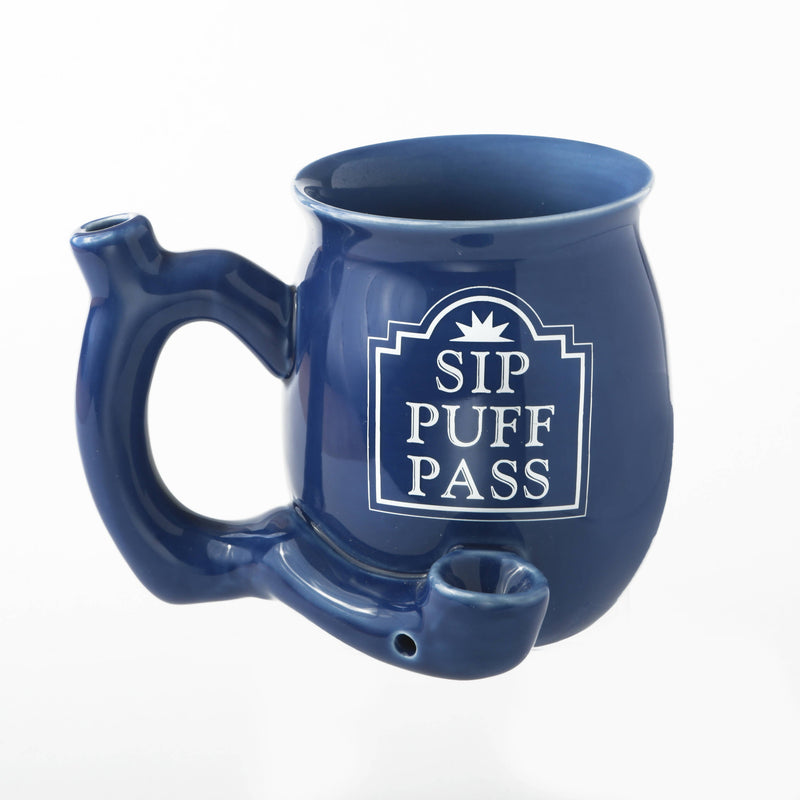 O ROAST & TOAST "SIP PUFF PASS" PIPE MUG - SHINY BLUE WITH WHITE PRINT