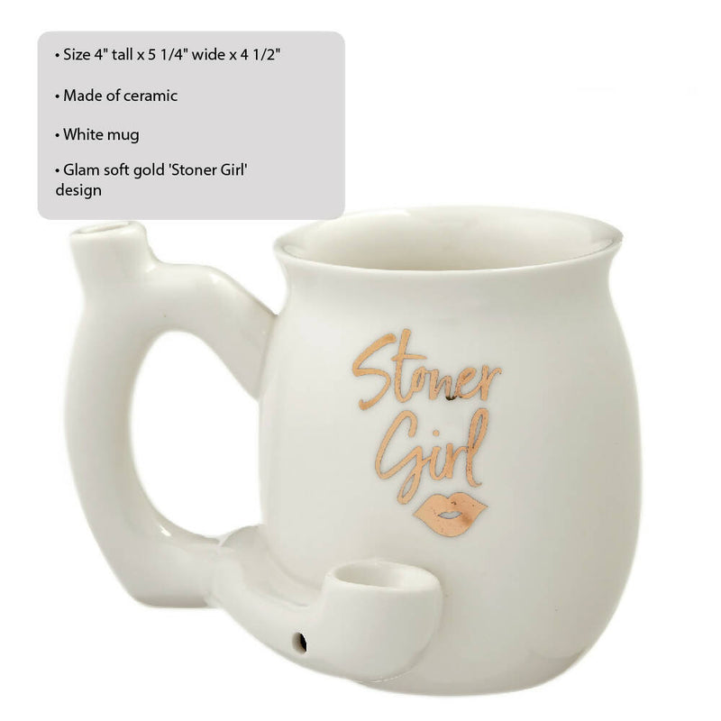 O ROAST AND TOAST STONER GIRL PIPE MUG - WHITE WITH GOLD PRINT