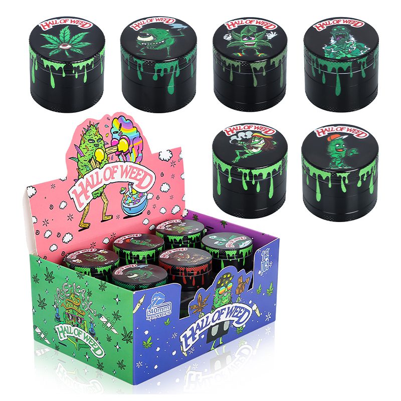 O 4 Part Grinder Hall Of Weed Series, Black Color, Printed Design Box of 12 [PH6915-HOW-HEI]