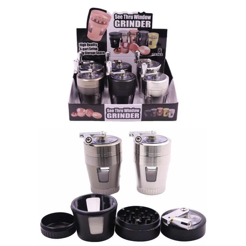 O 4-Part 50mm Metal Herb Grinder with Top Gear Handle & See-Thru Window – 6pcs/Display [SMKZ125]