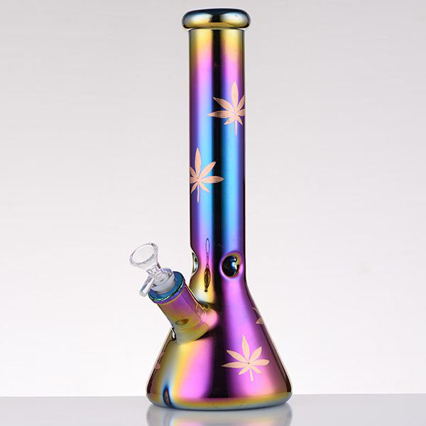 O 14" Leaf 7mm Glass Bong – Rainbow Oil Slick [AK080]