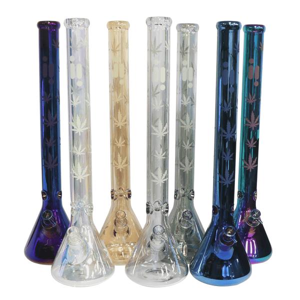 24" Water Pipe with Beaker Base Chrome Finish with Leaf Design