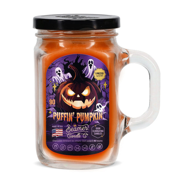 Beamer Candle Co. 12oz Glass Mason Jar, Puffin Pumpkin